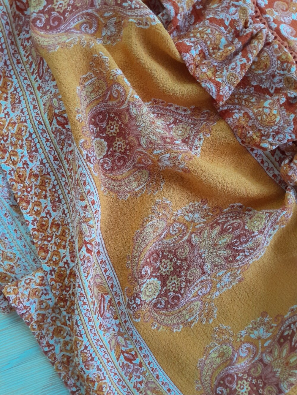 Cynthia Rowley Boho Paislay Maxi Skirt Orange Tassel Tie - Picture 7 of 15